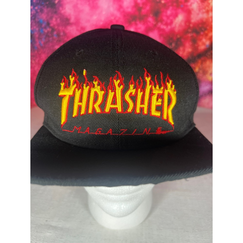Thrasher Magazine Flame Logo Snapback Hat Black Skate and Destroy Flat Brim